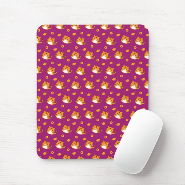 Cute Cartoon Cat Seamless Pattern | Kawaii Orange  Mouse Pad (With Mouse)
