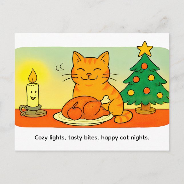Cute Cartoon Cat Sitting by Christmas Candle Postcard (Front)