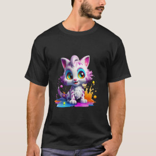 Cute Cartoon Cat Vibrant Paint Splatter Kitten Art T-Shirt