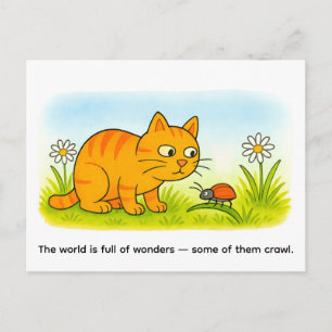 Cute Cartoon Cat Watching Ladybug in Meadow Postcard