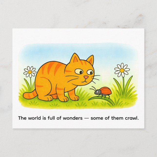 Cute Cartoon Cat Watching Ladybug in Meadow Postcard (Front)