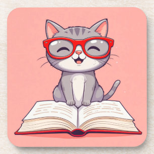Cute Cartoon Cat Wearing Glasses Coaster