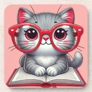 Cute Cartoon Cat Wearing Glasses Coaster