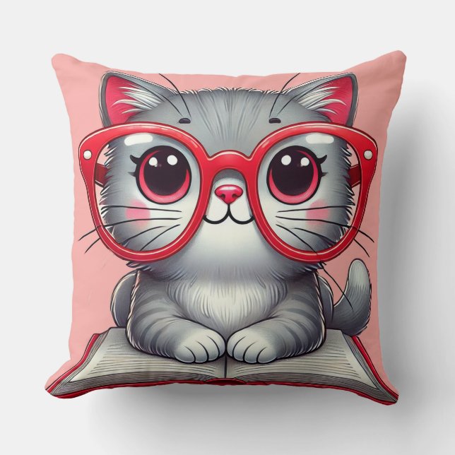 Cute Cartoon Cat Wearing Glasses Cushion (Front)