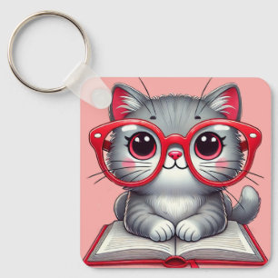 Cute Cartoon Cat Wearing Glasses Key Ring