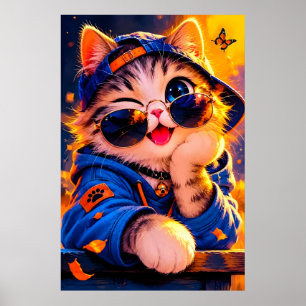 Cute cartoon cat wearing sunglasses poster