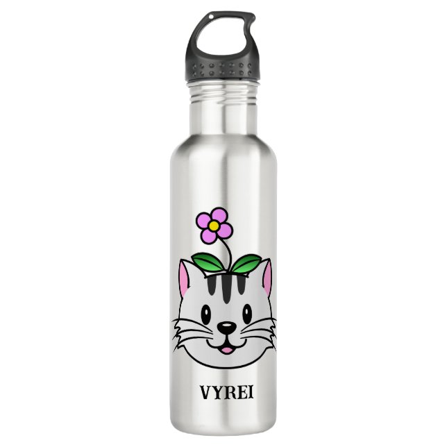 Cute Cartoon Cat with a Flower on Its Head 710 Ml Water Bottle (Front)