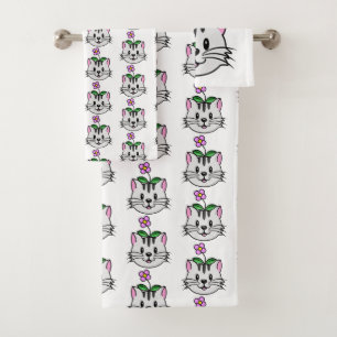 Cute Cartoon Cat with a Flower on Its Head Bath Towel Set