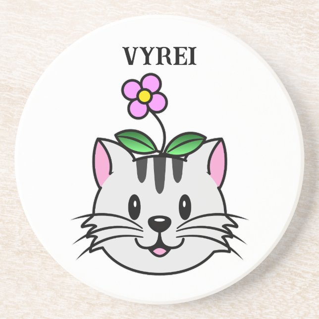 Cute Cartoon Cat with a Flower on Its Head Coaster (Front)