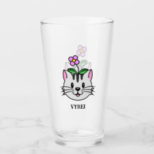 Cute Cartoon Cat with a Flower on Its Head Glass