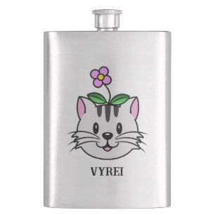 Cute Cartoon Cat with a Flower on Its Head Hip Flask