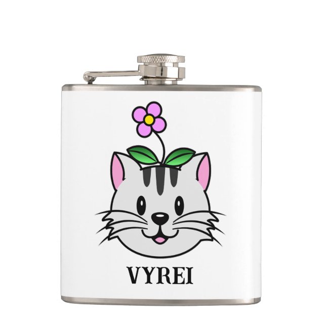 Cute Cartoon Cat with a Flower on Its Head Hip Flask (Front)