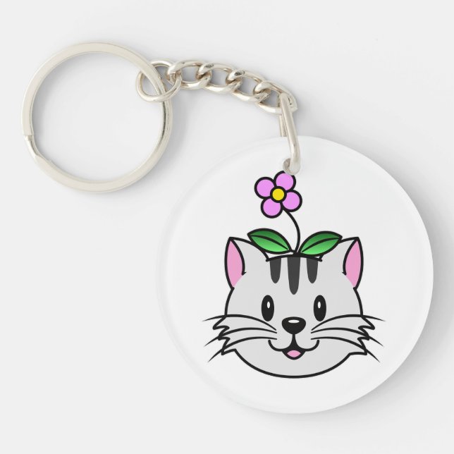 Cute Cartoon Cat with a Flower on Its Head Key Ring (Front)