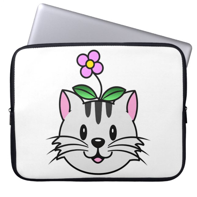 Cute Cartoon Cat with a Flower on Its Head Laptop Sleeve (Front)