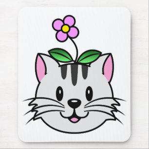 Cute Cartoon Cat with a Flower on Its Head Mouse Pad