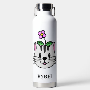 Cute Cartoon Cat with a Flower on Its Head Water Bottle