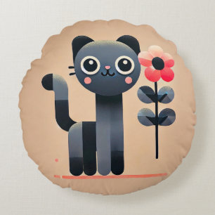 Cute Cartoon Cat With Flower Happy Animal Style 🐱 Round Cushion
