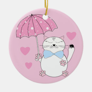 Cute cartoon cat with umbrella ceramic tree decoration