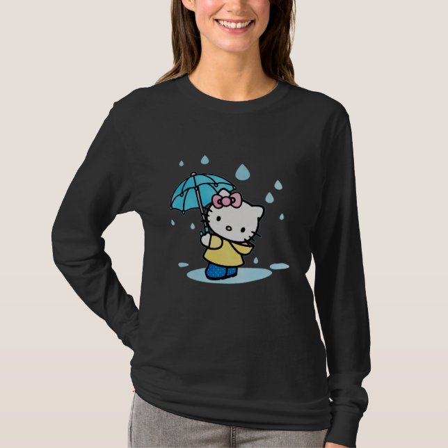 Cute Cartoon Cat with Umbrella in the Rain – Kawai T-Shirt (Front)