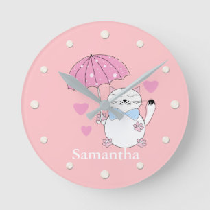 Cute cartoon cat with umbrella round clock