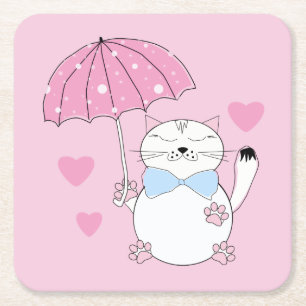 Cute cartoon cat with umbrella square paper coaster