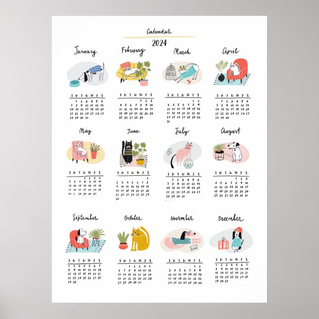 Cute Cartoon Cats and Dogs 2024 Calendar Poster (Front)