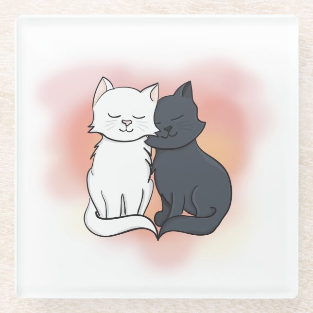 Cute Cartoon Cats in Love Glass Coaster (Front)