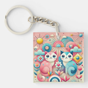 Cute Cartoon Cats in Nature Scene Key Ring