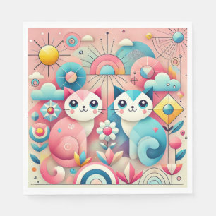Cute Cartoon Cats in Nature Scene Napkin
