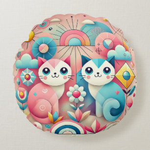 Cute Cartoon Cats in Nature Scene Round Cushion