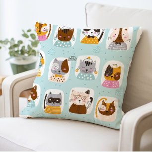 Cute Cartoon Cats Pillow, Funny Cat Faces Cushion