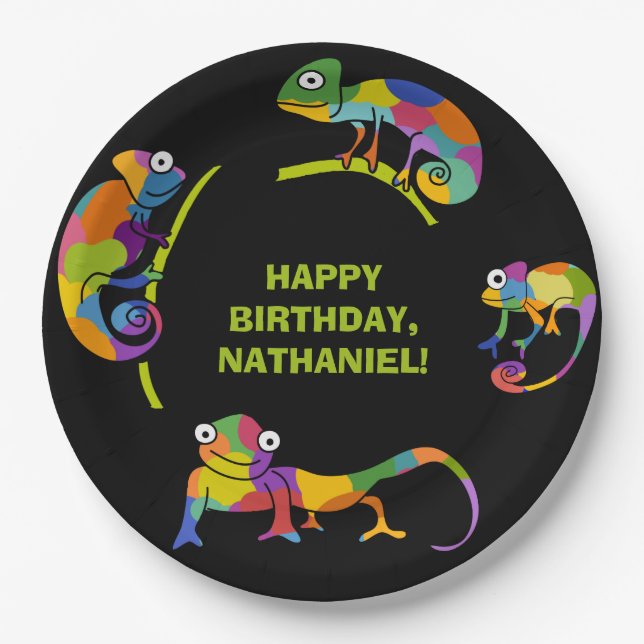 Cute Cartoon Chameleons Bright Colours Personalise Paper Plate (Front)