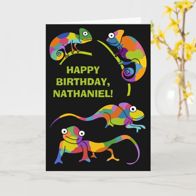 Cute Cartoon Chameleons Personalised Birthday Card (Yellow Flower)