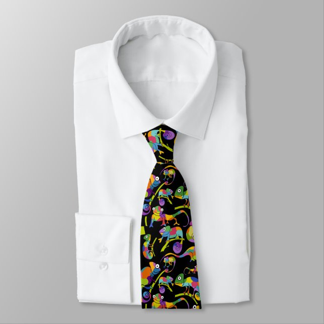 Cute Cartoon Chameleons Rainbow Colours on Black Tie (Tied)