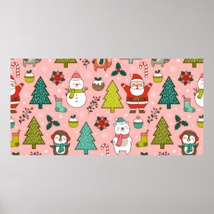 Cute cartoon character, pine trees and christmas e poster