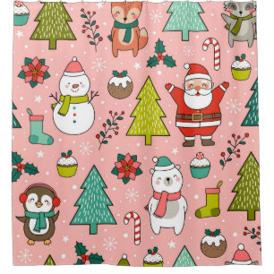 Cute cartoon character, pine trees and christmas e shower curtain