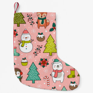 Cute cartoon character, pine trees and christmas e small christmas stocking
