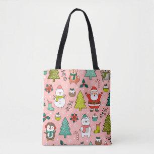 Cute cartoon character, pine trees and christmas e tote bag