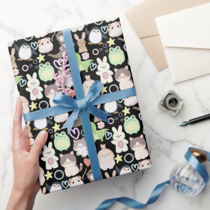 Cute Cartoon characters pattern Black BG Wrapping Paper