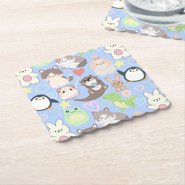 Cute Cartoon characters pattern L Blue BG Paper Coaster (Angled)