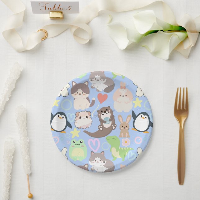 Cute Cartoon characters pattern L Blue BG Paper Plate (Wedding)