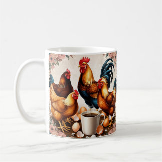 Cute Cartoon Chicken, Colorful Floral. Farm Animal Coffee Mug