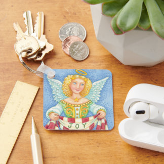 Cute Cartoon Christmas Angel Halo with Joy Banner Key Ring