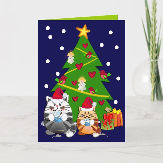 Cute Cartoon Christmas card with tree & cats (Front)