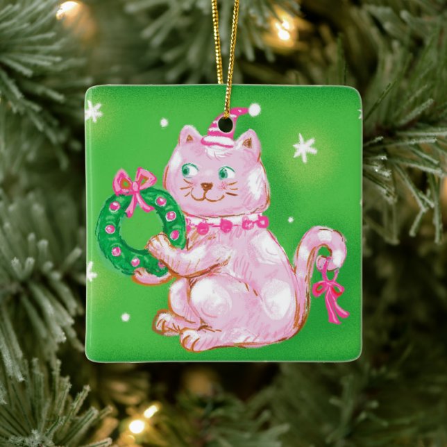 Cute Cartoon Christmas Cat Holding Wreath Ceramic Ornament (Tree)