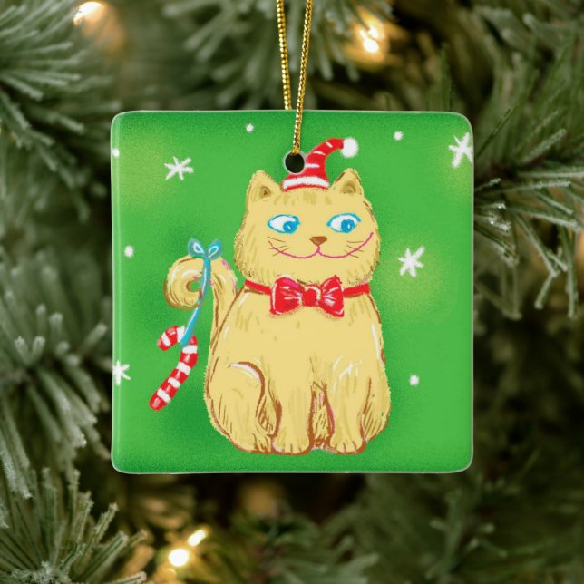 Cute Cartoon Christmas Cat with Santa Hat Ceramic Ornament (Tree)