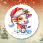Cute Cartoon Christmas Cow in Santa Hat Classic Round Sticker<br><div class="desc">Cute ai illustration of a cute cow in a Santa's hat stickers.</div>