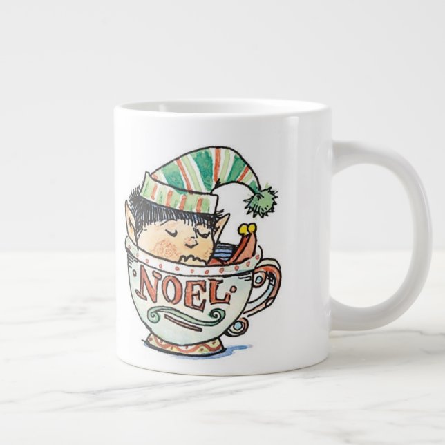 Cute Cartoon Christmas Elf Sleeping in a Tea Cup (Right)