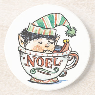 Cute Cartoon Christmas Elf Sleeping in a Tea Cup Coaster