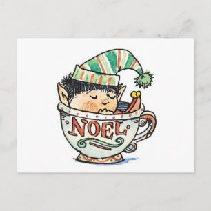 Cute Cartoon Christmas Elf Sleeping in a Tea Cup Holiday Postcard